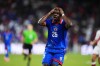 Haiti midfielder Dominique Simon reacts following an unsuccessful scoring attempt during the second half of an international friendly soccer match against Peru, Friday, June 5, 2026, in Miami. (AP Photo/Rebecca Blackwell)