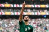 Mexico's Raul Jimenez celebrates after scoring his side's second goal during the World Cup Group A soccer match between Mexico and South Africa in Mexico City, Thursday, June 11, 2026. (AP Photo/Natacha Pisarenko)