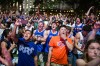 New York Knicks fans cheer at a watch party during Game 3 of the NBA Finals basketball series between the Knicks and the San Antonio Spurs, Monday, June 8, 2026, in New York. (AP Photo/Ryan Murphy)