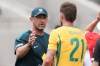 Australia manager Tony Popovic greets players after an international friendly soccer game against Switzerland Saturday, June 6, 2026, in San Diego. (AP Photo/Gregory Bull)