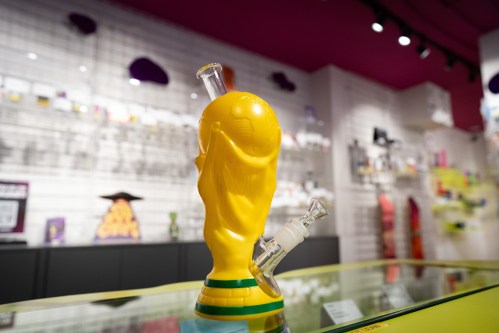 A bong resembling the FIFA World Cup trophy is displayed at Cosmic Charlies on Queen Street West in Toronto on Thursday, June 4, 2026. THE CANADIAN PRESS/Arlyn McAdorey