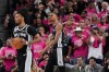 San Antonio Spurs forward Victor Wembanyama (1) celebrates a basket against the New York Knicks during the second half of Game 1 of the NBA Finals basketball series, Wednesday, June 3, 2026, in San Antonio. (AP Photo/Eric Gay)