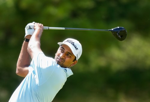 Canadian Sudarshan Yellamaraju hits his tee shot on the 18th hole during third round at the Canadian Open in Caledon, Ont., on Saturday, June 13, 2026. THE CANADIAN PRESS/Nathan Denette