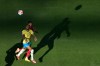 Brazil's Raphinha (11) and Morocco's Achraf Hakimi go up for a head ball during the World Cup Group C soccer match in East Rutherford, N.J., near New York, Saturday, June 13, 2026. (AP Photo/Matt Slocum)