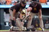 San Diego Padres catcher Freddy Fermin leaves the game during the sixth inning of a baseball game against the Baltimore Orioles, Saturday, June 13, 2026, in Baltimore. (AP Photo/Daniel Kucin Jr.)