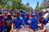 Haiti supporters march on a street in central Boston, Mass,, ahead of the World Cup Group C soccer match between Haiti and Scotland in Foxborough, Saturday, June 13, 2026. (AP Photo/Martin Meissner)