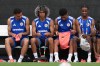 Curaçao's Tahith Chong, second left, and teammates prepare for a training for the national soccer team in Boca Raton, Fla.,Tuesday, June 9, 2026, ahead of the World Cup soccer tournament. (AP Photo/Rebecca Blackwell)