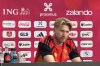 Belgium midfielder Kevin De Bruyne speaks at Providence Swedish Performance Center and Clubhouse, the Seattle Sounders practice facility, in Renton, Wash., on June 13, 2026. (AP Photo/Andrew Destin)