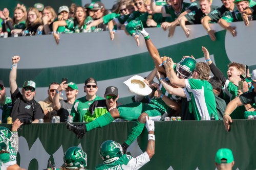 Saskatchewan Roughriders wide receiver Samuel Emilus (19) celebrates after scoring a touchdown against the BC Lions during first half CFL football action in Regina on Saturday, June 13, 2026. THE CANADIAN PRESS/Kayle Neis