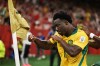 Australia's Nestory Irankunda (17) celebrates scoring the first goal against Turkey during the World Cup Group D soccer match, in Vancouver, British Columbia, Saturday, June 13, 2026. (AP Photo/Kaleb Tatum)