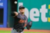 Detroit Tigers starting pitcher Keider Montero warms up before a baseball game against the Cleveland Guardians, Sunday, June 14, 2026, in Cleveland. (AP Photo/Phil Long)