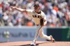 San Francisco Giants pitcher Logan Webb throws to a Chicago Cubs batter during the first inning of a baseball game Sunday, June 14, 2026, in San Francisco. (AP Photo/Scott Marshall)