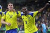 Sweden's Alexander Isak (9) celebrates with Sweden's Viktor Gyokeres (17) after he scored to put Sweden up, 3-1, during the World Cup Group F soccer match between Sweden and Tunisia in Guadalupe, near Monterrey, Mexico, Sunday, June 14, 2026. (AP Photo/Sofia Yaker)