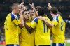 Sweden's Yasin Ayari (18) is congratulated by teammates after scoring his team's fifth goal during the World Cup Group F soccer match between Sweden and Tunisia in Guadalupe, near Monterrey, Mexico, Sunday, June 14, 2026. (AP Photo/Matias Delacroix)