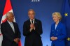 Prime Minister Mark Carney meets with European Commission President Ursula von der Leyen and European Council President Antonio Costa at the G7 summit in Evian-les-Bains, France, Monday, June 15, 2026. (AP Photo/Vadim Ghirda)