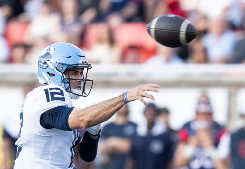 Toronto Argonauts quarterback Chad Kelly (12) throws during first half CFL football action against the Montreal Alouettes, in Montreal on Friday, June 12, 2026. THE CANADIAN PRESS/Christinne Muschi