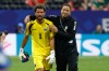 Cabo Verde goalkeeper Vozinha, left, reacts after the World Cup Group H soccer match between Spain and Cape Verde in Atlanta, Monday, June 15, 2026. (AP Photo/Erik S. Lesser)