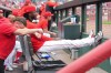 Cincinnati Reds shortstop Elly de la Cruz, front right, sits on the bench after being scratched from the lineup with an injury during the third inning of a baseball game against the Kansas City Royals, Monday, June 1, 2026, in Cincinnati. (AP Photo/Kareem Elgazzar)
