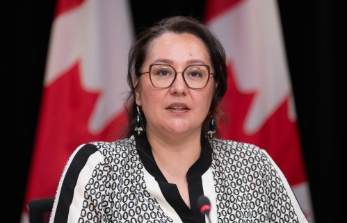 Mandy Gull-Masty, Minister of Indigenous Services responds to a question during a news conference following the release of opioid data in Ottawa, Monday, June 15, 2026.  THE CANADIAN PRESS/Adrian Wyld
