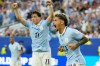 Uruguay's Maxi Araujo celebrates scoring his side's opening goal against Saudi Arabia during a World Cup Group H soccer match in Miami Gardens, Fla., Monday, June 15, 2026. (AP Photo/Lynne Sladky)
