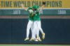 Athletics' Tyler Soderstrom, left, Lawrence Butler (4), and Henry Bolte celebrate the Athletics win over the Pittsburgh Pirates in a baseball game Monday, June 15, 2026, in West Sacramento, Calif. (AP Photo/Scott Marshall)