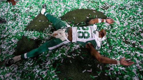 Saskatchewan Roughriders' Melique Straker (28) celebrates his team defeating the Montreal Alouettes to become the champions of the 112th CFL Grey Cup, in Winnipeg on Sunday, Nov. 16, 2025. THE CANADIAN PRESS/Darryl Dyck