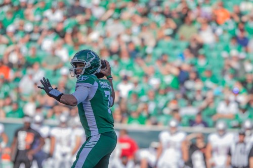 Saskatchewan Roughriders quarterback Trevor Harris (7) lines up to make an pass during first half CFL football action against the BC Lions, in Regina on Saturday, June 13, 2026. THE CANADIAN PRESS/Kayle Neis