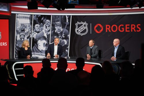 Rogers Sports and Media President Colette Watson, left to right, Rogers Communications President and CEO Tony Staffieri, NHL Commissioner Gary Bettman and NHL Deputy Commissioner Bill Daly speak at a press conference in Toronto on Wednesday, April 2, 2025. THE CANADIAN PRESS/Sammy Kogan
