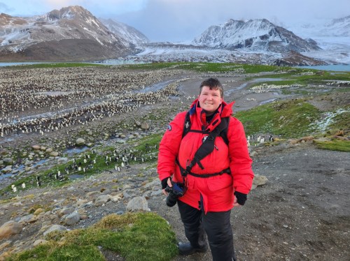 This photo provided by Angela Perryman shows her on South Georgia Island in 2026. (Courtesy Angela Perryman via AP)