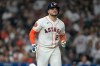 FILE - Houston Astros designated hitter Yainer Diaz (21) reacts to striking out against New York Yankees relief pitcher Fernando Cruz during the sixth inning of a baseball game, Saturday, April 25, 2026, in Houston. (AP Photo/Karen Warren,File)