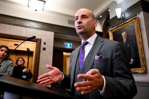 Conservative MP Frank Caputo speaks in the foyer of the House of Commons on Parliament Hill in Ottawa, on Monday, April 27, 2026. THE CANADIAN PRESS/Spencer Colby