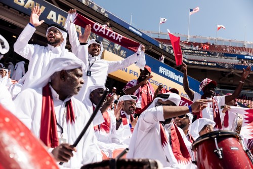 Qatari fans chant before the FIFA World Cup 2026 Group B match between Qatar and Switzerland at San Francisco Bay Area Stadium in Santa Clara, Calif., Saturday, June 13, 2026. (Stephen Lam/San Francisco Chronicle via AP)
