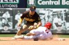 St. Louis Cardinals Masyn Winn, right, is out at second after San Diego Padres Will Wagner, left, tags him during the sixth inning of a baseball game, Wednesday, June 17, 2026, in St. Louis. (AP Photo/Lexie Knight)