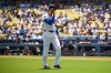 Los Angeles Dodgers starting pitcher Shohei Ohtani wipes his face during the first inning of a baseball game against the Tampa Bay Rays in Los Angeles, Wednesday, June 17, 2026. (AP Photo/Kyusung Gong)