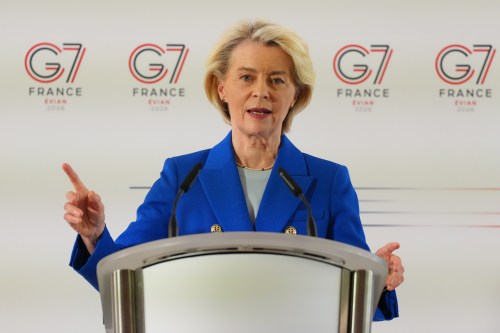 European Commission President Ursula von der Leyen speaks during a media conference at the G7 summit in Evian-les-Bains, France, Monday, June 15, 2026. (AP Photo/Vadim Ghirda)