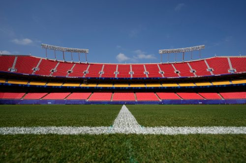 Seating rises beyond the pitch at Arrowhead Stadium as it is transformed to Kansas City Stadium ahead of the FIFA World Cup 2026 soccer tournament Monday, June 8, 2026, in Kansas City, Mo. (AP Photo/Charlie Riedel)