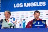 Switzerland's Remo Freuler, right, speaks next to head coach Murat Yakin during a press conference one day ahead of the World Cup Group B soccer match between Switzerland and Bosnia Herzegovina in Inglewood, Calif., near Los Angeles, Wednesday, June 17, 2026. (Peter Klaunzer/Keystone via AP)