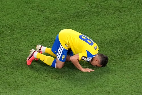 FILE - Sweden's Yasin Ayari (18) celebrates after scoring their opening goal during the World Cup Group F soccer match between Sweden and Tunisia in Guadalupe, near Monterrey, Mexico, Sunday, June 14, 2026. (AP Photo/Dolores Ochoa, File)