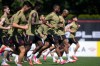 Canada's Cyle Larin runs with his teammates during a FIFA World Cup soccer training session, in Vancouver, on Wednesday, June 17, 2026. THE CANADIAN PRESS/Ethan Cairns
