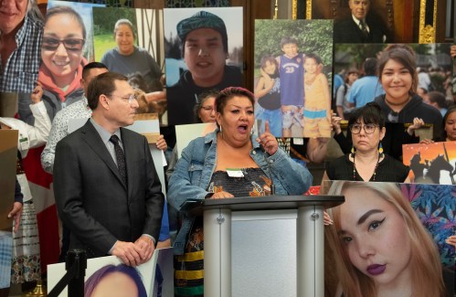 NDP Leader Avi Lewis and NDP Indigenous Affairs critic Leah Gazan stand with Grassy Narrows First Nation member Chrissy Isaacs as she addresses a news conference on Parliament Hill in Ottawa on Thursday, June 18, 2026. THE CANADIAN PRESS/Adrian Wyld