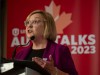 Lana Payne, Unifor National President announces Ford as the target company for the current round of negotiations with Detroit Three during a press conference in Toronto, Tuesday, Aug. 29, 2023. THE CANADIAN PRESS/Tijana Martin