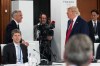 U.S. President Donald Trump talks to Prime Minister Mark Carney during the G7 summit on Wednesday, June 17, 2026 in Evian-les-Bains, France. (AP Photo/Julia Demaree Nikhinson, Pool)