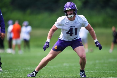 Minnesota Vikings linebacker Jake Golday (41) takes part in drills during an NFL football practice Tuesday, June 9, 2026, in Eagan, Minn. (AP Photo/Abbie Parr)