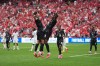 Canada's Jonathan David (right) celebrates his goal against Qatar with Stephen Eustaquio (7) during the first half of a World Cup Group B soccer match, in Vancouver, on Thursday, June 18, 2026. THE CANADIAN PRESS/Darryl Dyck