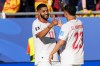 Morocco's Ismael Saibari, left, is congratulated after scoring his side's opening goal during the World Cup Group C soccer match between Scotland and Morocco in Foxborough, Mass., near Boston, Friday, June 19, 2026. (AP Photo/Martin Meissner)