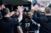 Chicago White Sox's Junior Perez (37) celebrates his home run against the Detroit Tigers during the sixth inning of a baseball game Friday, June 19, 2026, in Detroit. (AP Photo/Paul Sancya)