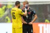 Canada's Luc de Fougerolles, right, becomes emotional and is consoled by goalkeeper Maxime Crepeau after Ismael Kone sustained an injury and was taken off the field during the World Cup Group B soccer match against Qatar in Vancouver, British Columbia, Thursday, June 18, 2026. (AP Photo/Abbie Parr)