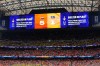 The video screen shows the final score and a Shelter in Place order due to the weather at the the end of the World Cup Group F soccer match between the Netherlands and Sweden in Houston, Saturday, June 20, 2026. (AP Photo/Ashley Landis)