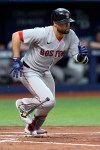 Boston Red Sox's Isiah Kiner-Falefa drops his bat after hitting a double off Tampa Bay Rays pitcher Nick Martinez during the third inning of a baseball game Tuesday, June 9, 2026, in St. Petersburg, Fla. (AP Photo/Chris O'Meara)