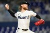 Miami Marlins starting pitcher Max Meyer throws during the first inning of a baseball game against the San Francisco Giants, Saturday, June 20, 2026, in Miami. (AP Photo/Lynne Sladky)